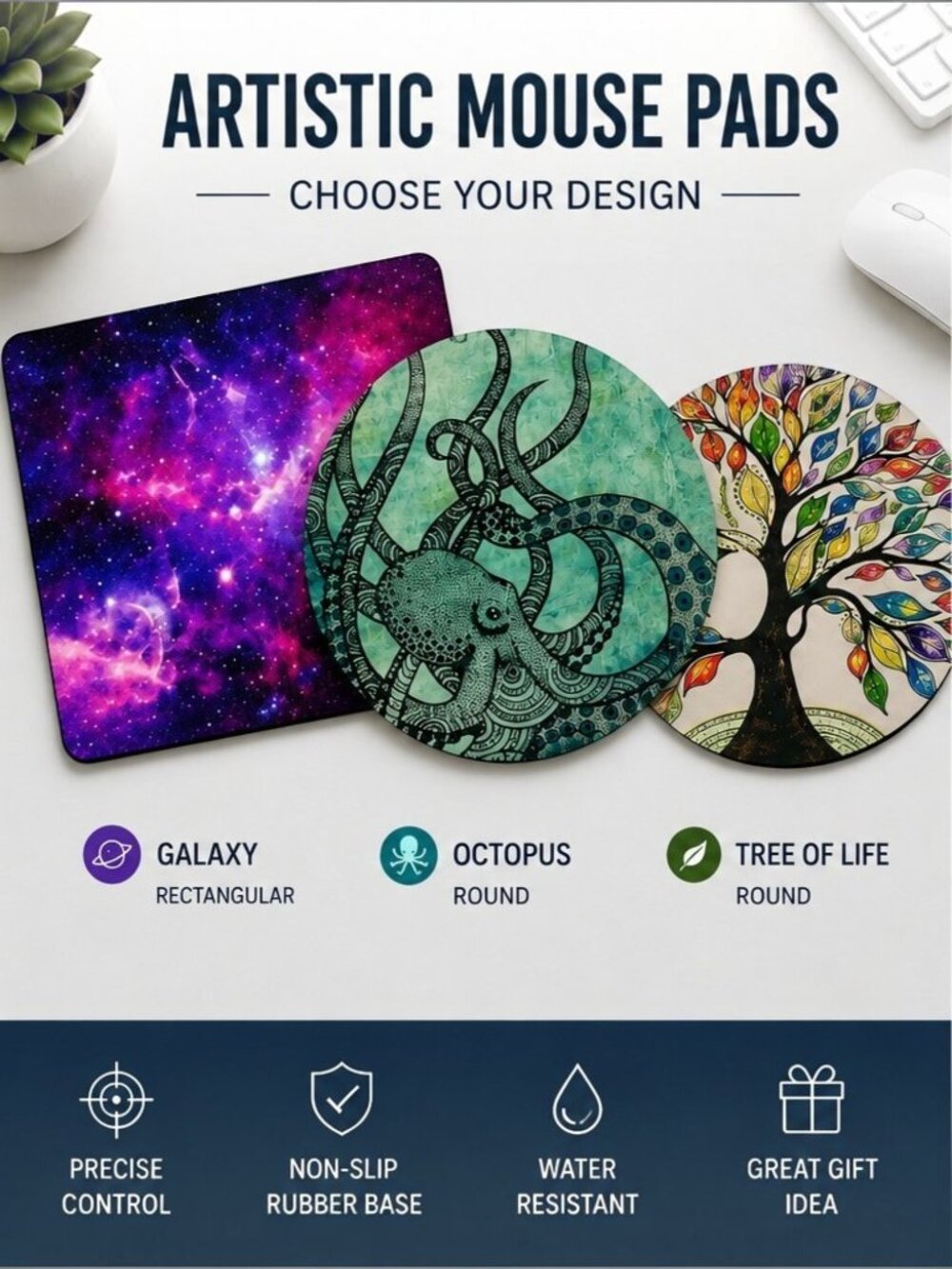 Artistic Mouse Pad • Choose Your Design • Galaxy • Octopus • Tree of Life
